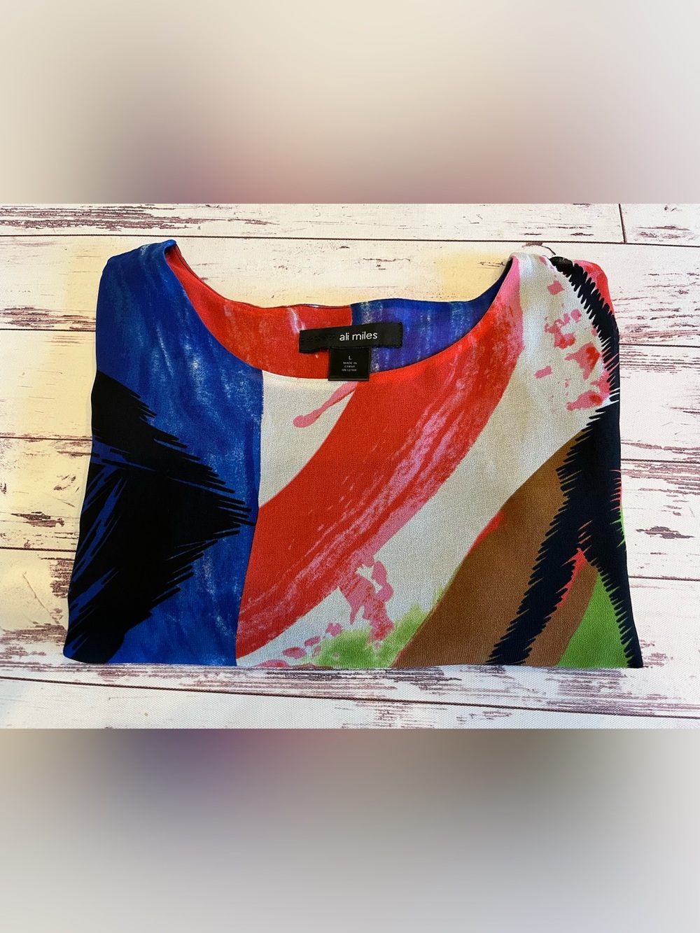 Ali Miles Colorful Artsy Light Flowy Lined Blouse Women Large Semi Sheer Sleeves - Picture 15 of 15